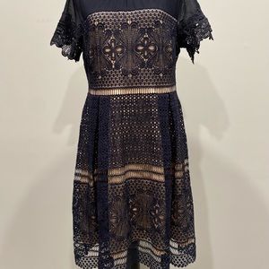 Beautiful navy & cream lace embroidered dress. Great for wedding.